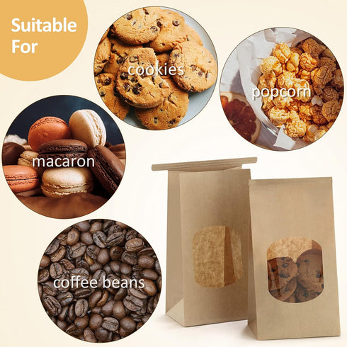 BagDream Small Bakery Bags with Window 50Pcs 3.54x2.36x6.7 Inches Window Tin Tie Tab Lock Kraft Brown Paper Bags for Coffee Bean, Cookies, Treat, ...