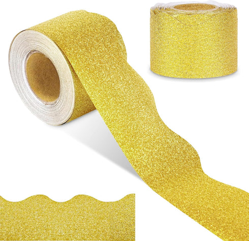 65 Feet Gold Glitter Bulletin Board Borders Gold Scalloped Border Trims Bulletin Shiny Board Border Decorative Self-Adhesive Bulletin Stickers for...