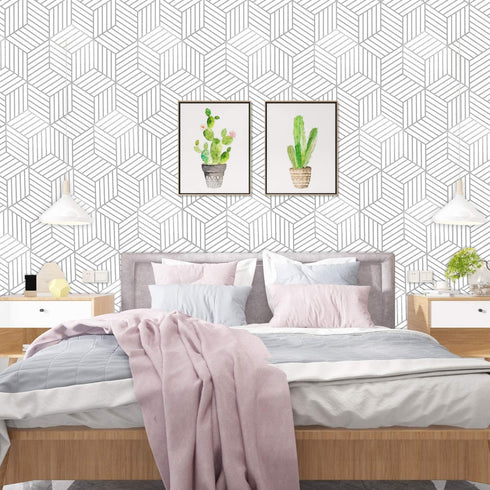 Mecpar Silver Geometric Hexagon Wallpaper 17.71"x 118" White and Silver Contact Paper Striped Wallpaper Peel and Stick Removable Self Adhesive Vin...