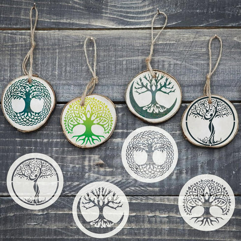 36 Pieces Tree of Life Stencils, 4 Inch Round Reusable Tree Stencils for Painting on Wood Plastic Drawing Natural Tree Template for Coaster Canvas...