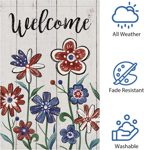 Welcome 4th of July Garden Flag 12x18 Inch Double Sided, Patriotic Independence Day Flower Yard Flag for Memorial Day Outdoor House Decorations (O...