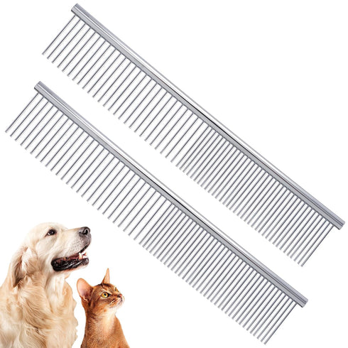 2pcs Dog Grooming Combs for Removing Tangles, Round Teeth Metal Cat Pet Hair Comb, Silver Large Professional Grooming Tool for Long Short Haired D...