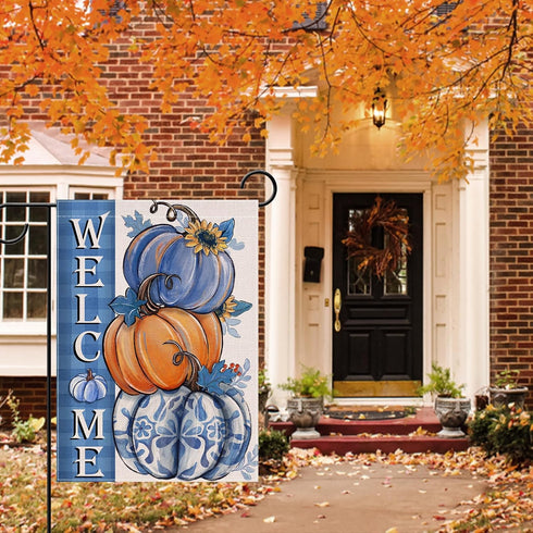 Welcome Fall Blue Pumpkin Small Decorative Garden Flag, Autumn Plaid Check Sunflower Yard Lawn Outside Decor, Thanksgiving Seasonal Burlap Outdoor...