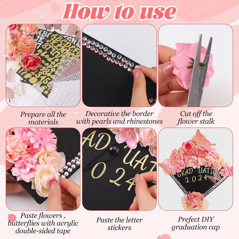 ywevyezc 58Pcs Graduation Cap Decoration kit Grad Cap Decoration Graduation Cap Faux Flowers 3D Butterfly Stickers Rhinestones Stickers kit for Gr...