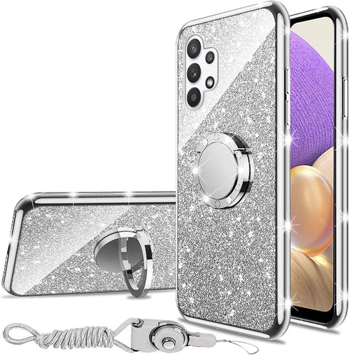 nancheng for Samsung Galaxy A32 5G Phone Case Cute Girls Women Glitter Silicone Cover with Ring Stand & Strap Lanyard - Silver...