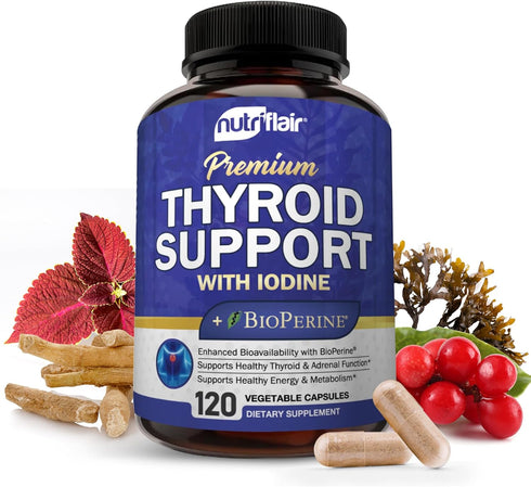 NutriFlair Thyroid Support Complex, 120 Capsules - with Iodine, Black Pepper, Ashwagandha, Vitamin B12 - Thyroid Supplement for Women and Men...