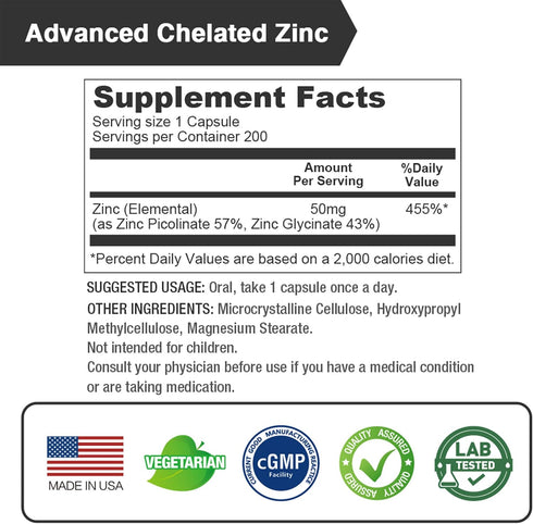 Zinc 50mg | Potent Highly-Absorbed Chelated Zinc Supplements, Picolinate & Bisglycinate | Vegan, Gluten Free, Non-GMO | for Immune, Antioxidant Su...