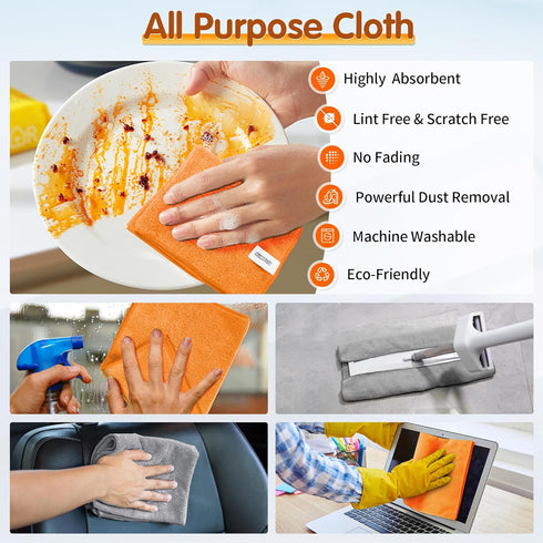 FIXSMITH Microfiber Cleaning Cloth -Pack of 12, Highly Absorbent Cleaning Rags(Grey&Orange), 16"X12" All Purpose Cleaning Towels for Housekeeping,...