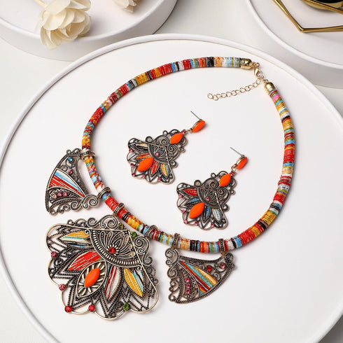 Bohemian Jewelry Set for Women - Colorful Resin Bib Necklace and Earrings, Ethnic Style Statement Jewelry for Weddings, Parties, and Everyday Wear...