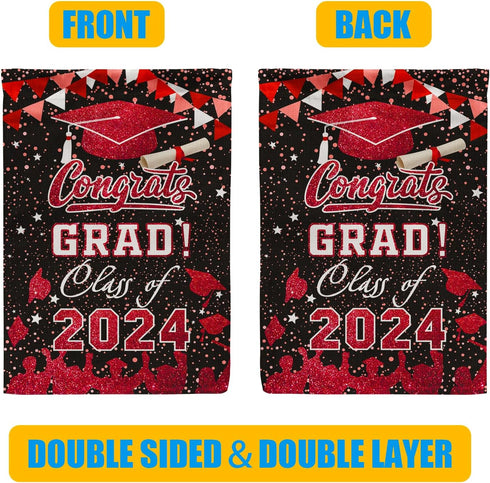 Graduation Garden Flag Class of 2024, Red Congrats Grade Flag for Outside Party Hanging Decorations 12x18 Inch Burlap...