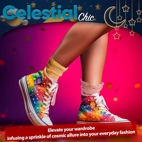 Marigold Yellow Radiance: Women Sheer Slouch Tulle Socks | Shiny Glitter Novelty Decorated Loose Socks with Stars & Moon - Ankle High 1 Pair (US s...