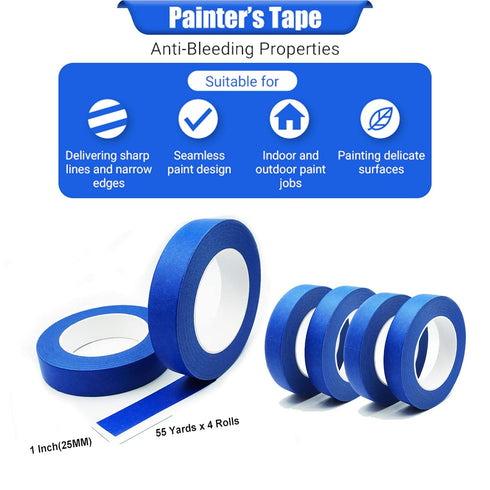 Blue Painters Tape, 1Inch x 50 Yards 4 Rolls Residue Free Wall Painting Tape, Blue Masking Tape for Multi-Surface, Produce Sharp Lines, Masking Ta...