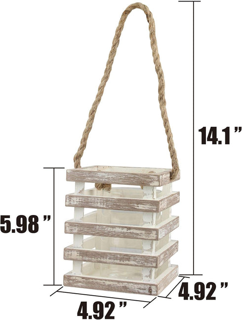 Stonebriar Small Worn White Wooden Beach House Candle Lantern with Rope Handle and Removable Glass Cylinder Hurricane...