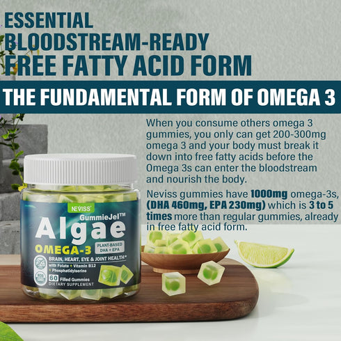 Vegan Omega 3 Gummies 1000mg, Omega 3 Fish Oil Alternative, Marine Algae Omega 3 Supplement DHA 460mg, EPA 230mg w/Vitamin B12, Folate, PS for Bra...