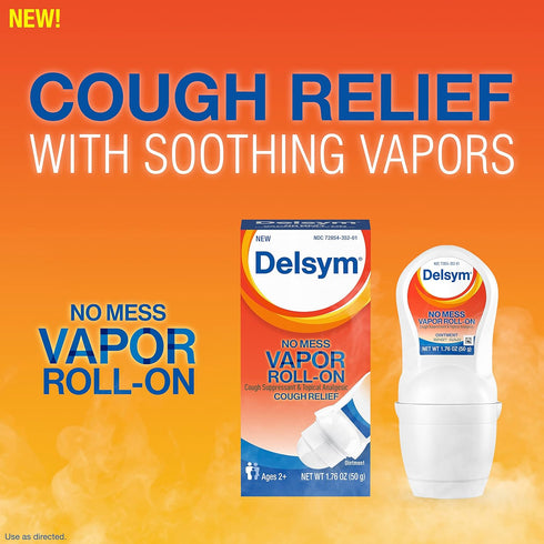 Delsym No Mess Vapor Roll-On Cough Suppressant & Topical Analgesic 1.76 oz with Camphor, Eucalyptus Oil, Menthol, Adults & Kids, Maximum Strength...