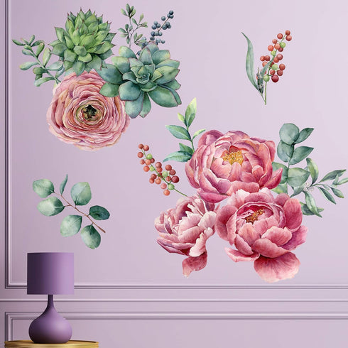 Amaonm Removable 3D Beautiful Pink Red Peony Flowers with Green Plants Leaf Wall Decal Wall Stickers DIY Peel and Stick Art Decor for Kids Girls B...