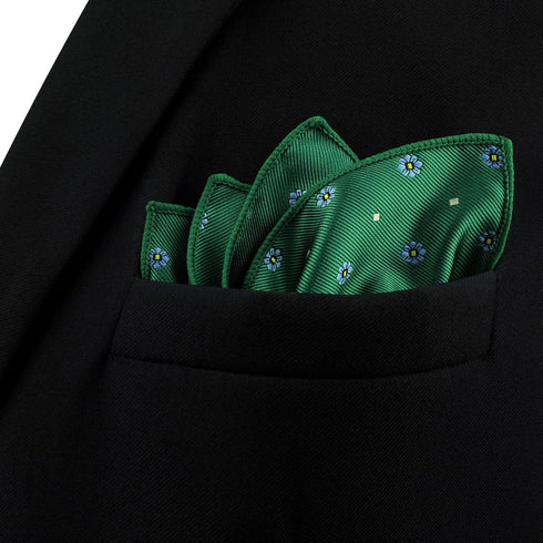 S&W SHLAX&WING Men's Pocket Square Emerald Green with Blue Flower for Suit Jacket Wedding...