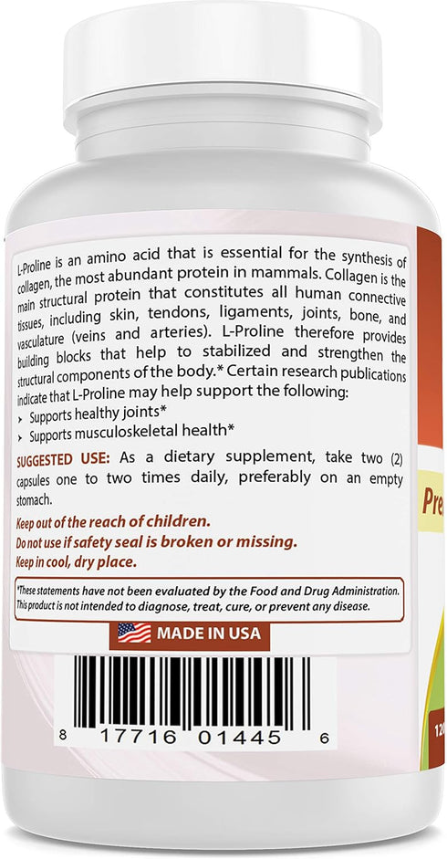Best Naturals L-proline Amino Acid Dietary Supplement 500 Mg, 120 Count (817716014456)...