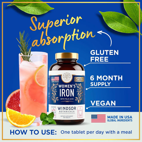 Iron Pills for Women - Iron Supplement for Women with Folic Acid - 6 Month Supply - Anemia, Period, Pregnancy Support Iron Supplements - Ferrous S...