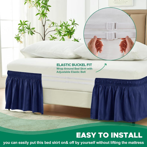 Biscaynebay Wrap Around Bed Skirts for Queen Beds 15" Drop, Navy Adjustable Elastic Dust Ruffles Easy Fit Wrinkle & Fade Resistant Silky Luxurious...