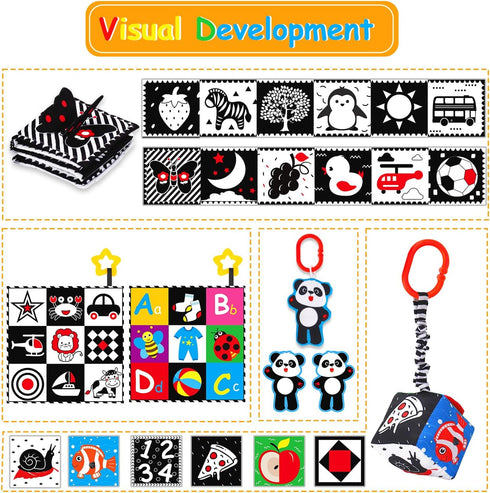 4 PCS Black and White High Contrast Baby Toys 0-3-6 Months Newborn Essential Montessori Toys for Babies Crinkle Sensory Book for Brain Development...
