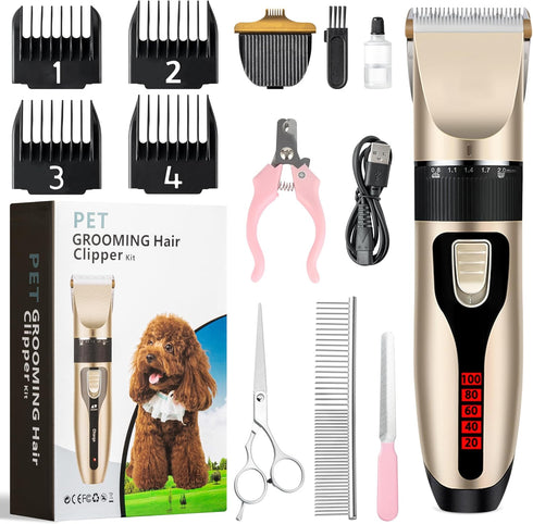Dog Grooming Kit and Dog Paw Trimmer - Electric Quiet Cat Hair Clippers Set Pet Hair Clippers for Thick Coats Low Noise Cordless Pet Grooming Kit ...