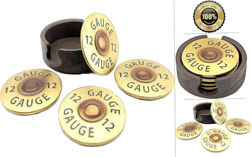 Bellaa Shotgun Shell Coasters 12 Gauge Set of 4 + 1 Pcs Holder Included, Buckshot Gun Solid Strong Heavy Duty Man Cave Bullet Rustic Decor Dining ...