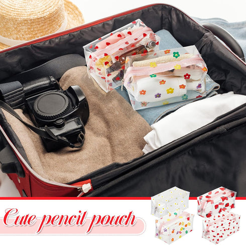 Henoyso 4 Pcs Clear Small Makeup Bag with Zipper Cute Flower Daisy Heart Strawberry Cosmetic Bags Transparent Makeup Pouch Cartoon Pencil Case Wat...