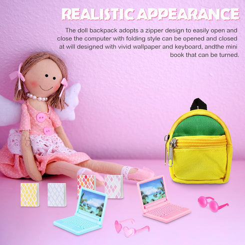 20 Pieces Doll Backpack Set Dollhouse School Accessories Doll Travel Supplies Include Mini Laptop Scene Simulation Backpack Bag with Zipper Mini H...