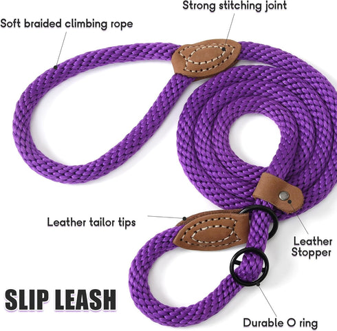 Mile High Life Slip Leads for Dogs | Heavy Duty Dog Training Leash | 4 Feet No Pull Slip Leashes w Leather Tip | Purple Rope Lead for Dogs Outside...