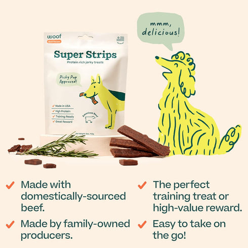 WOOF Super Strips, Protein-Rich Dog Treats, Beef Jerky for Dogs, Training Treats or Meal Booster, Made in The USA...