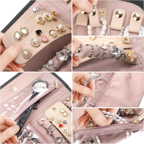 Travel Jewelry Roll Organizer Case - Women Portable Jewellery Storage Foldable Pouch for Necklace Earring Bracelets, Black...