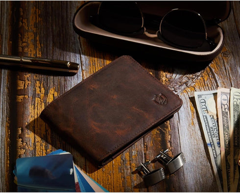 Mens Wallet Real Leather Bifold RFID Blocking High Capacity Card Case with 2 ID Window in Gift Box (Crazy Horse, Cognac)...