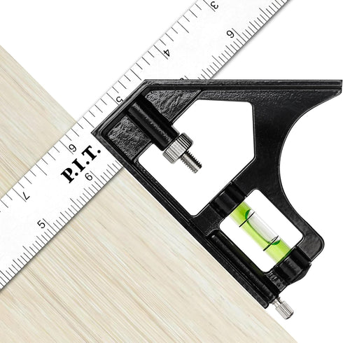 P.I.T. 12 Inch Combination Square, Multi-Purpose Square Tool, Heavy Duty Stainless Steel Ruler with Movable Bubble Level for Angle/Measuring Marks...