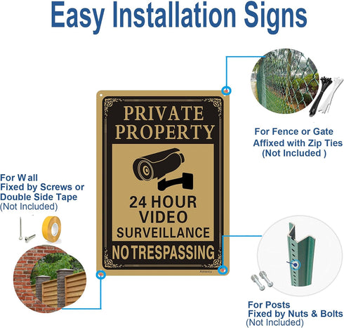 3 Pack Private Property No Trespassing Sign, 24 Hours Video Surveillance Warning Sign | 10" x 7" Rust Free Aluminum Easy Mounting Fade Resistance....