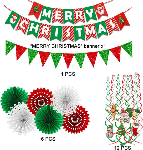 Fecedy Merry Christmas Hanging Paper Banner Triangle Bunting Paper Flower Fan Swirl Streamers&Christmas Tree Santa Claus Banner for Merry Christma...