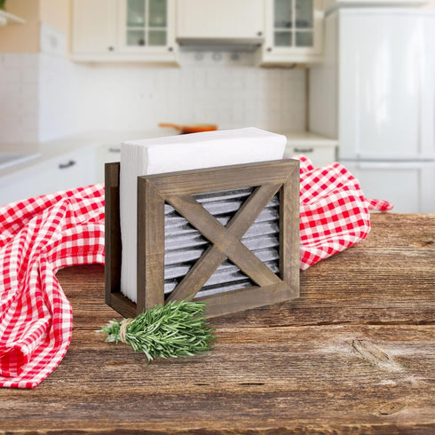 Autumn Alley Farmhouse Napkin Holder Wooden- Upright - Classic Barn Door Design with Galvanized Metal - Rustic Napkin Holder for Farmhouse Kitchen...