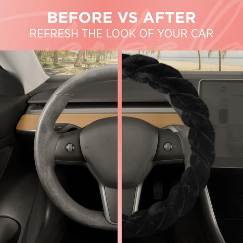 Twisted Fur Black Soft Steering Wheel Cover, Standard 15 Inch Size Fits Most Vehicles, Fuzzy Fluffy Car Steering Cover with Soft Faux Fur Touch, C...