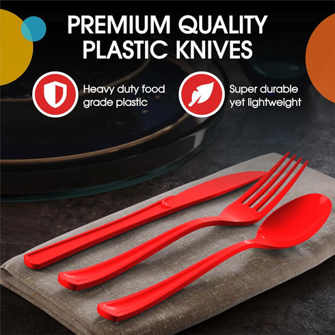 Exquisite Heavy Duty Red Plastic Knife, 50 Pcs - BPA Free Disposable Cutlery for Parties, Picnics & More...