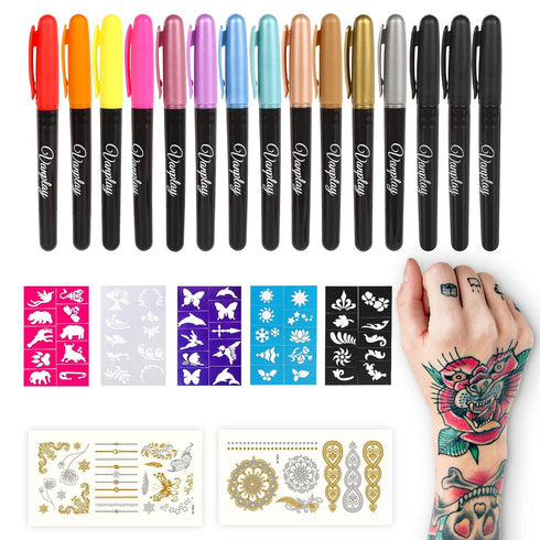Temporary Tattoo Pen Tattoo Markers Tattoo Kit Face Paint with 15 Tattoo Pens 5 Tattoo Stencils and 2 Tattoos Stickers Gifts for Teenage Girls Boy...