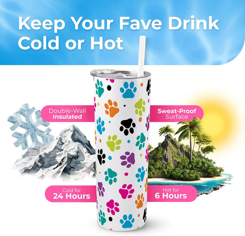 SassyCups Vacuum Insulated Stainless Steel Dog Paw Print 20 oz Tumbler with Straw and Lid...