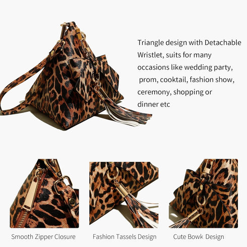 Women Triangle Leather Bow Tassel Charm Evening Wristlet Clutch Purse...