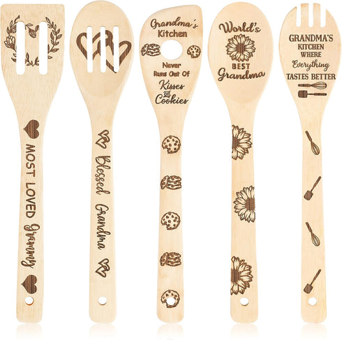 5Pcs Grandma Wooden Spoons Utensils Set, Cooking Utensils Non-Stick Carve Spoons Burned Bamboo Cookware Kitchen Gadget Kit Grandma Birthday Grandp...