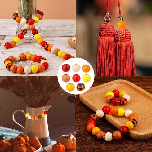 240pcs Fall Wooden Craft Beads with Hemp Rope, Thanksgiving Halloween Wooden Beads Plaid Wood Beads Wooden Round Beads Autumn Wooden Beads for DIY...