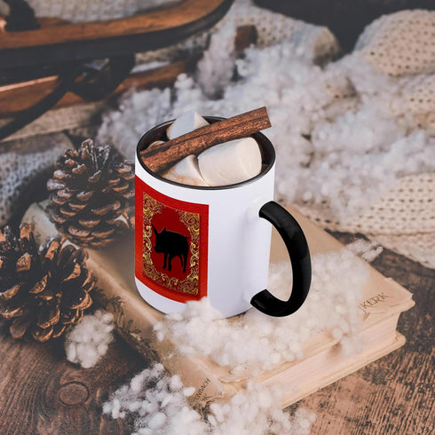 3dRose Zodiac Pig Chinese New Year Red, Gold Two Tone Mug, 11 oz, Black/White...