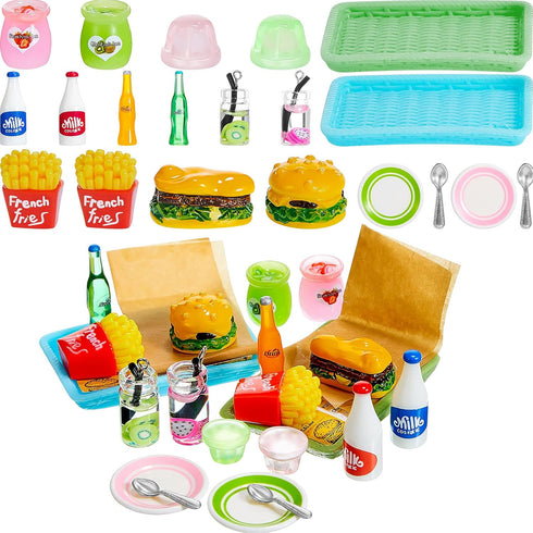 8 Set 20 Pieces Miniature Food Pretend Fast Food Play Toys Set Hamburger Fries Soda Pudding Milk Juice Doll Food Kitchen Accessory Toy for Kids Pa...