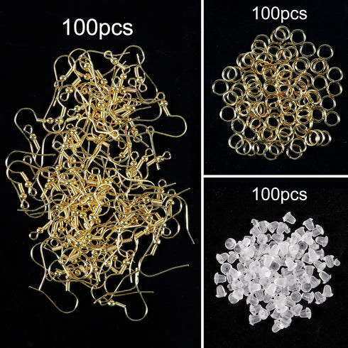 100pcs Hypoallergenic Earring Hooks, 925 Sterling Gold Copper-Plated Earring Hooks, Fish Hook Earrings, 300 pcs Earring Making Kit with Jump Rings...
