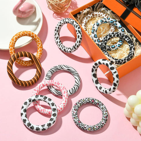 Stiesy 12 Pcs 12 Styles Animal Skin Printed Silicone Beads Ring Beadable O Ring 65mm Soft Silicone Focal Beads Bulk for Keychain Home Hanging Orna...