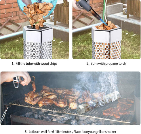 Smoke Tube for Pellets, YiiMO 12'' Pellet Smoker Up to 6Hrs of Cold Hot Smoking, Brush n Meat Sticks, Portable Hexagon Fits All Electric Gas Charc...