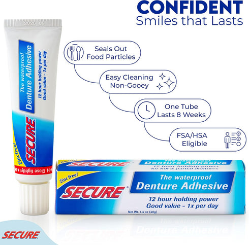 Secure Waterproof Denture Adhesive - Zinc Free - Extra Strong 12 Hour Hold - 1.4 oz (Pack of 2)...